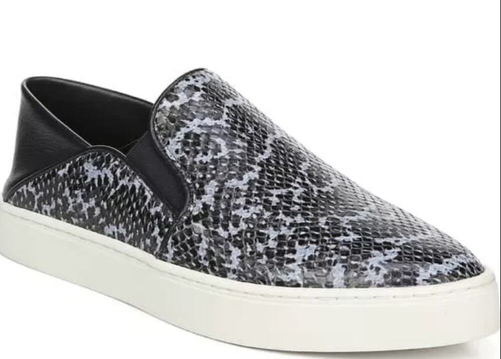 VINCE. Garvey blue navy snake print 100% leather slip on sneaker platform flat